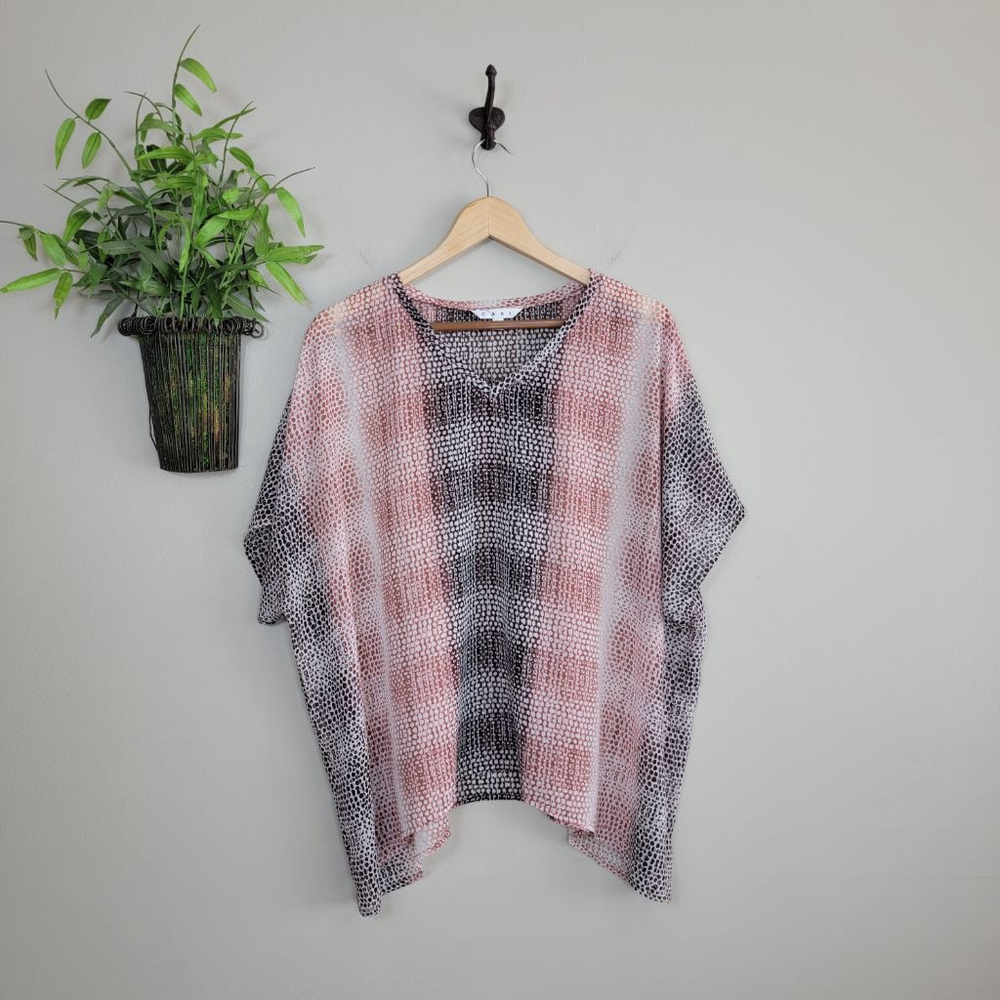 Cabi #240 Sheer Boxy Top Oversized Short Sleeve V Neck Ombre Dot Print Blouse L